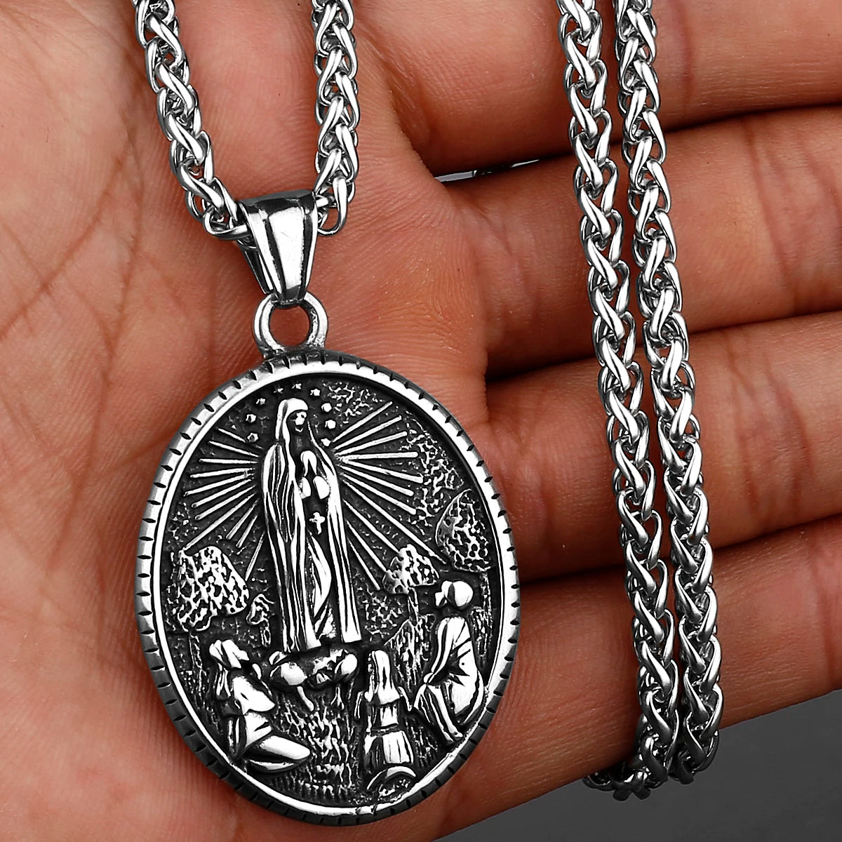 Colar Masculino Nossa Senhora de Fátima em Aço Inoxidável 316L