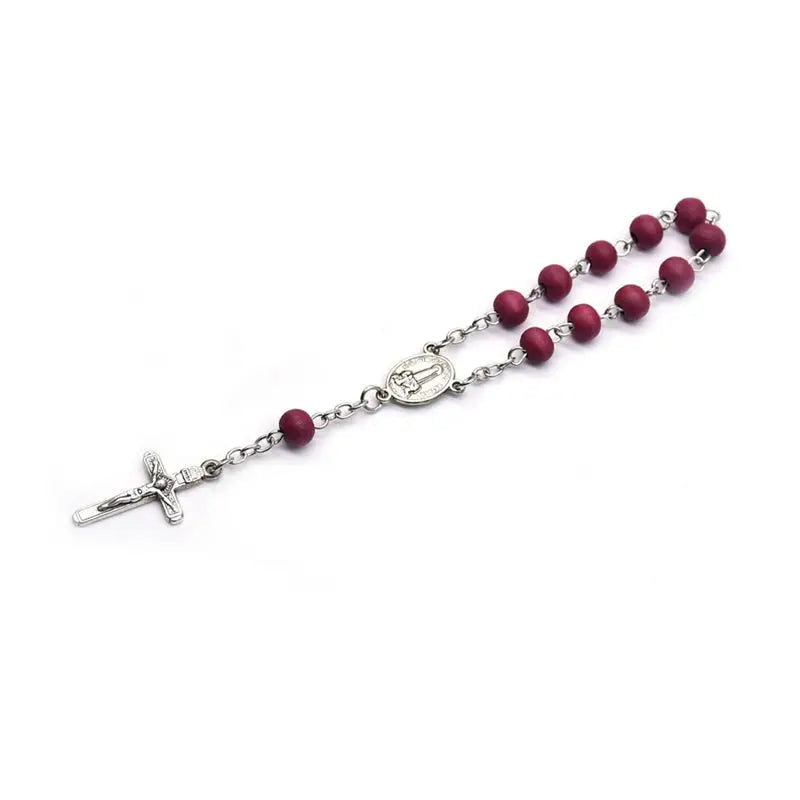 Pulseira Dezena com Contas de Madeira Vermelha Nossa Senhora de Fátima