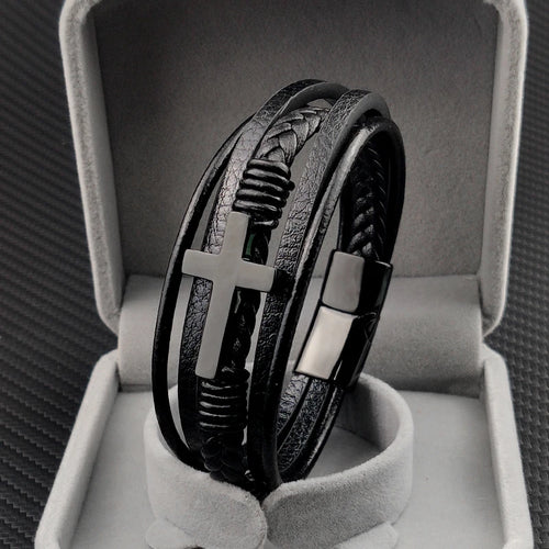 Pulseira Masculina de Couro com Cruz Sagrada Devoção