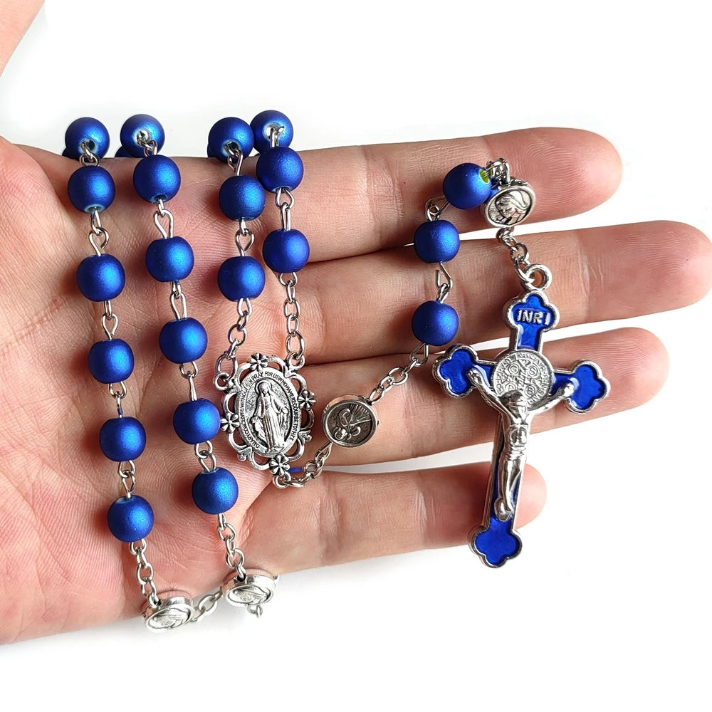 Terço Azul com Entremeio de Nossa Senhora das Graças e Cruz de São Bento