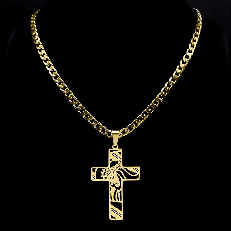 Colar Crucifixo Jesus em Aço Inoxidável Banhado a Ouro