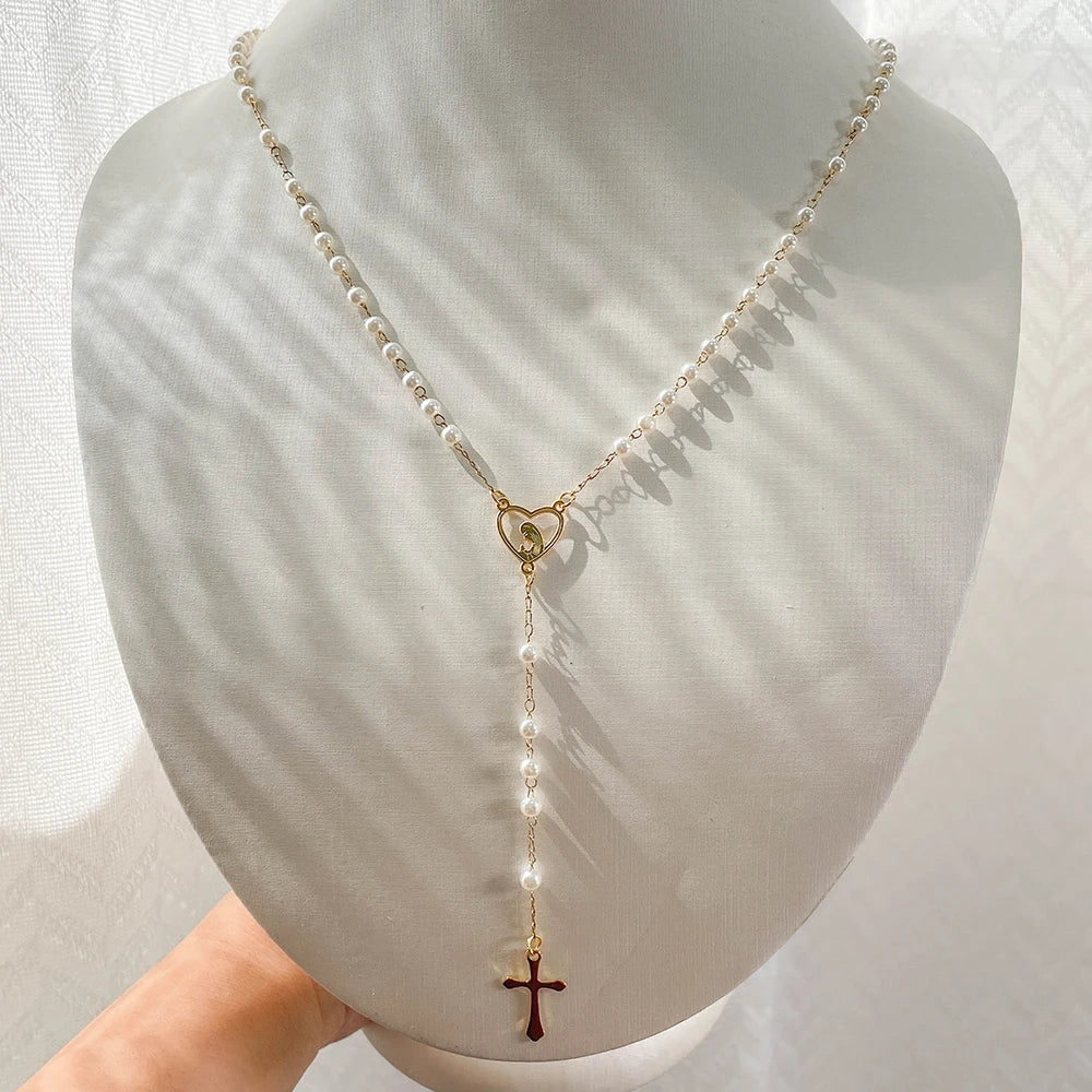 Aço inoxidável Y Forma Beads Cadeia para Mulheres, Cor do Ouro, Virgem Maria, Cruz, Rosário, Colar Longo, Jóias das Meninas, Spiriti Pray