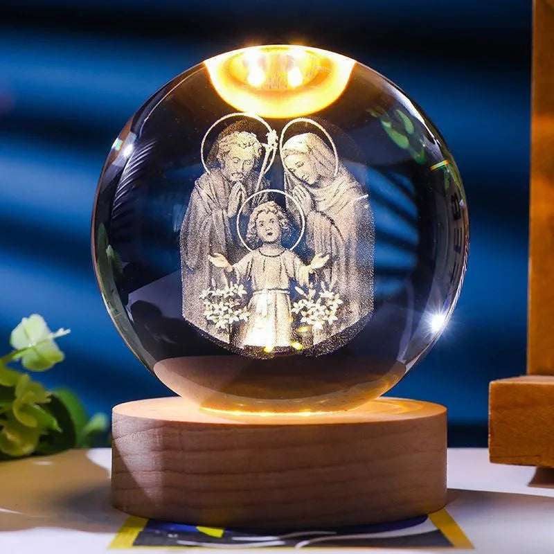 Luminária de Cristal 3D com Base de Madeira LED