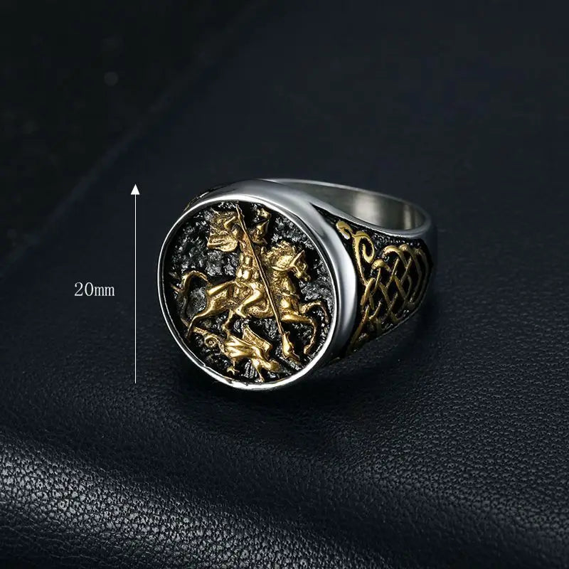 Anel Masculino São Jorge em Aço Inoxidável 316L Prata e Dourado