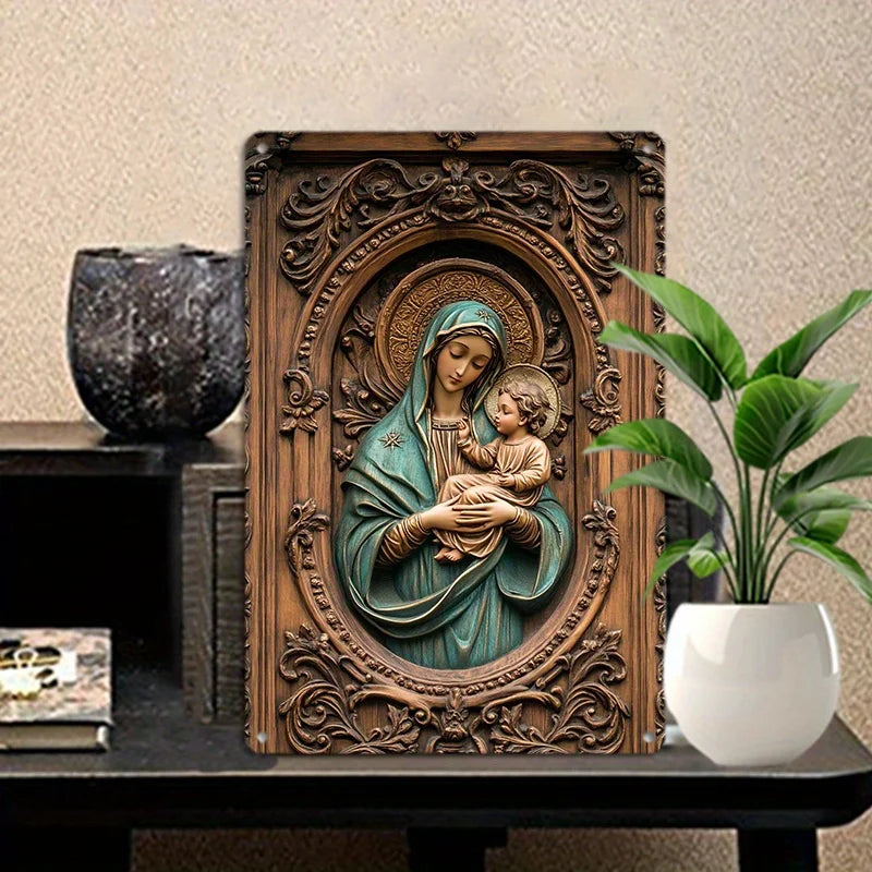 Placa Decorativa de Maria e Jesus com Acabamento Texturizado Premium