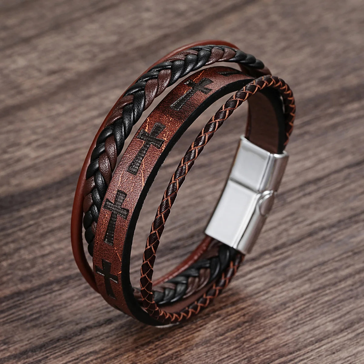 Pulseira Cruz de Couro Vintage Masculina