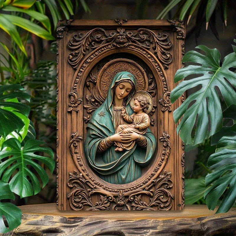 Placa Decorativa de Maria e Jesus com Acabamento Texturizado Premium
