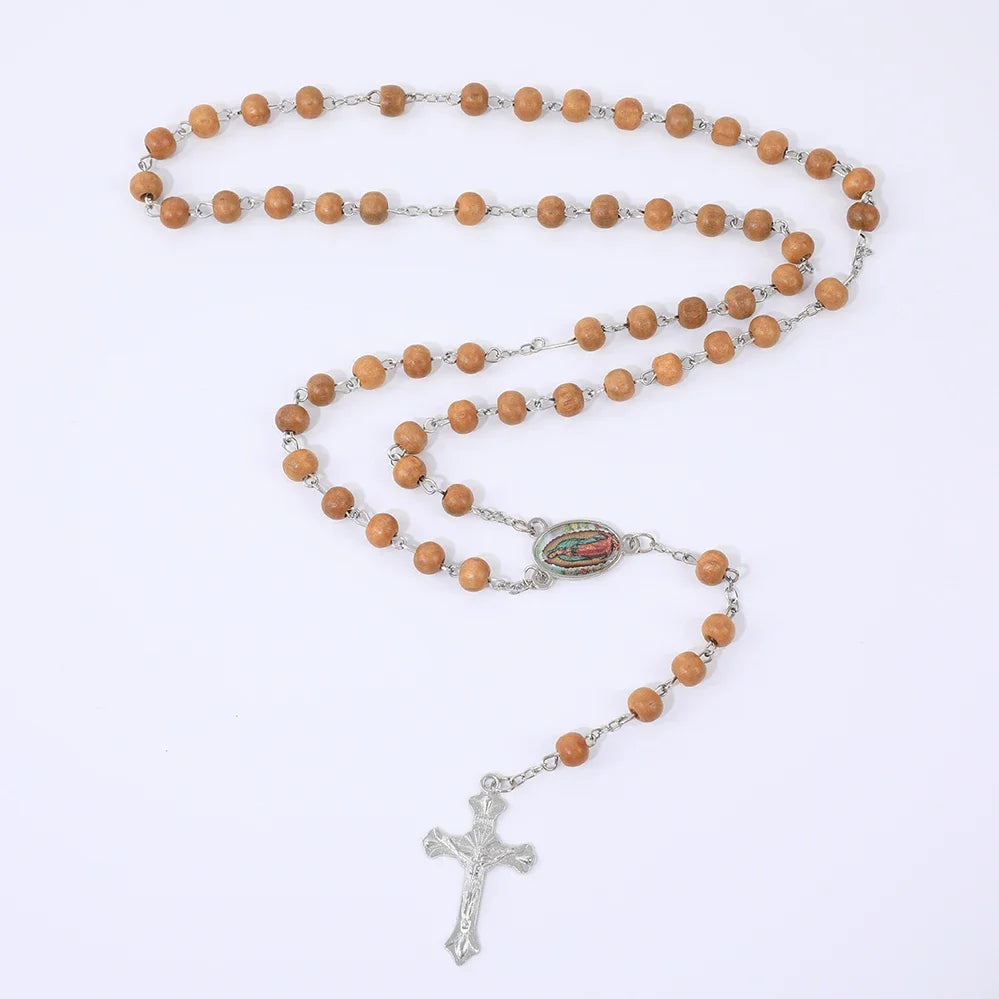 Colar de Rosário de Madeira para Mulheres e Homens, Pingente Religioso Virgem Maria Cruz, Cadeia de Contas Longas, Oração Católica, Jóias Festas, 6mm