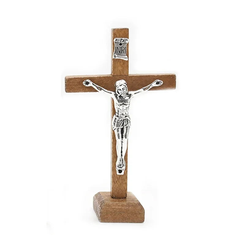De madeira Jesus Católica Cruz com Suporte, Vintage religioso cristão crucifixo, Igreja Home Shelf, Enfeites de mesa, 1Pc