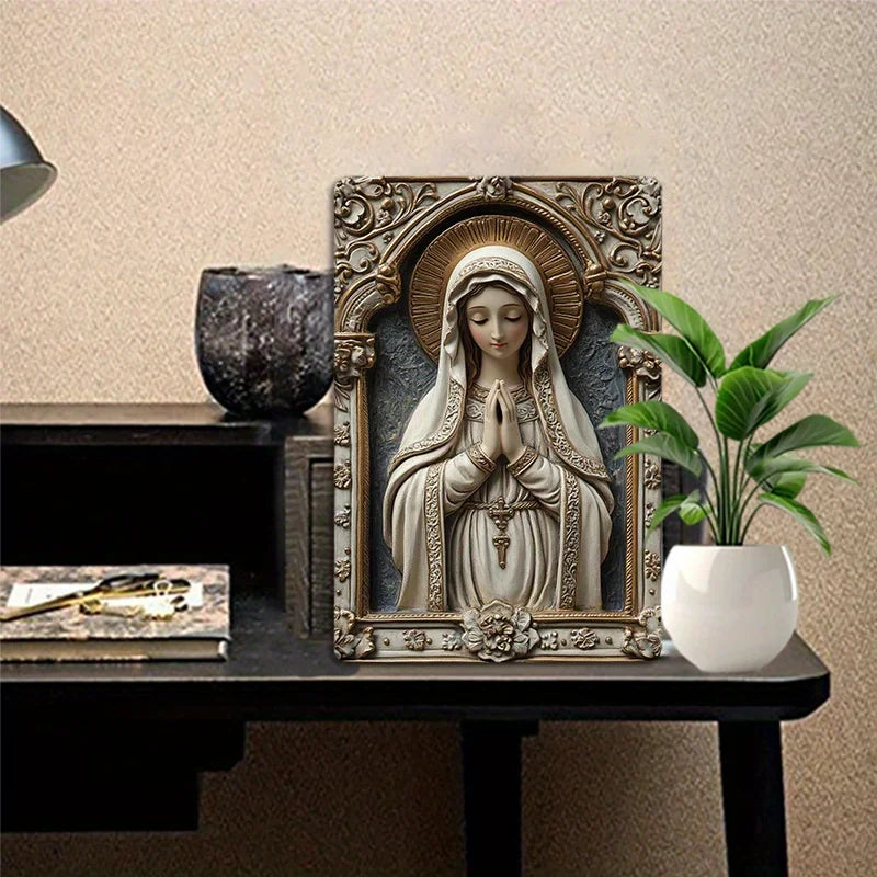 Placa Decorativa Virgem Maria Branco e Dourado