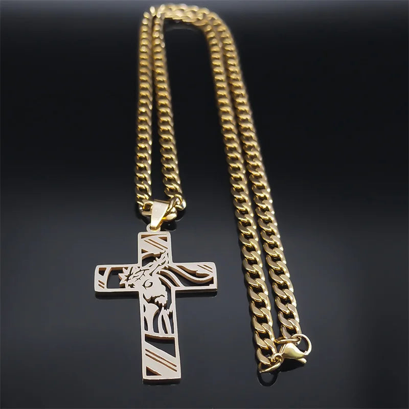 Colar Crucifixo Jesus em Aço Inoxidável Banhado a Ouro