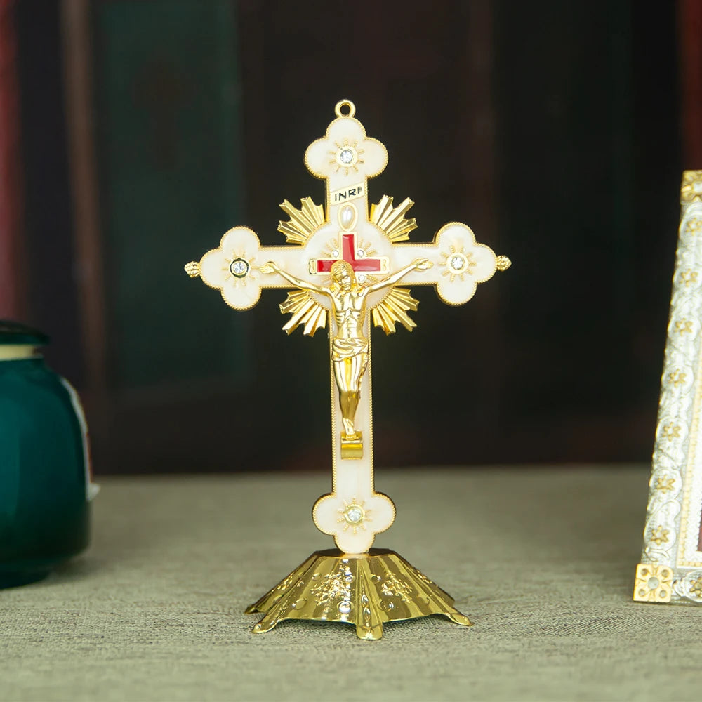 Cruz do Crucifixo de Jesus com Base, Estatuetas de Igreja, Decoração, Cruz de Mesa, Novo, 2022