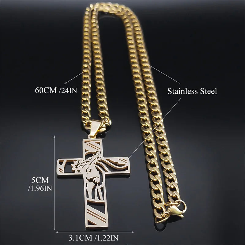 Colar Crucifixo Jesus em Aço Inoxidável Banhado a Ouro