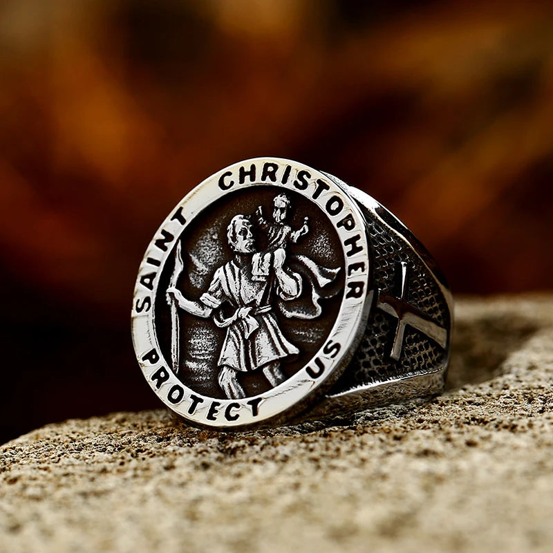 Anel Masculino São Cristóvão em Aço Inoxidável