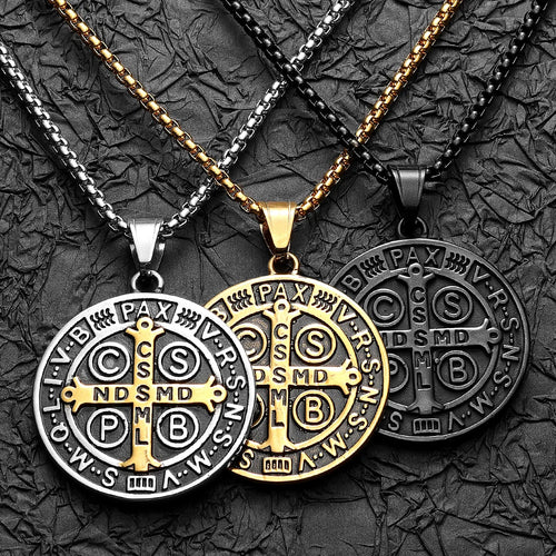 Colar Masculino Medalha de São Bento de Aço Inoxidável