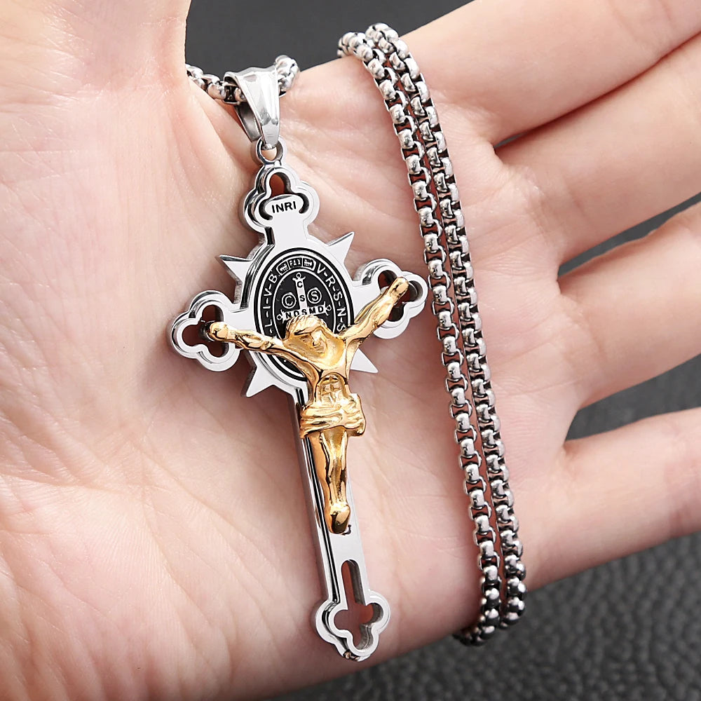 Colar Masculino com Cruz de São Bento em Aço Inoxidável 316L