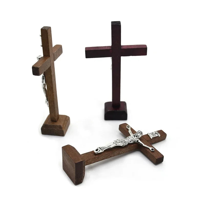 De madeira Jesus Católica Cruz com Suporte, Vintage religioso cristão crucifixo, Igreja Home Shelf, Enfeites de mesa, 1Pc