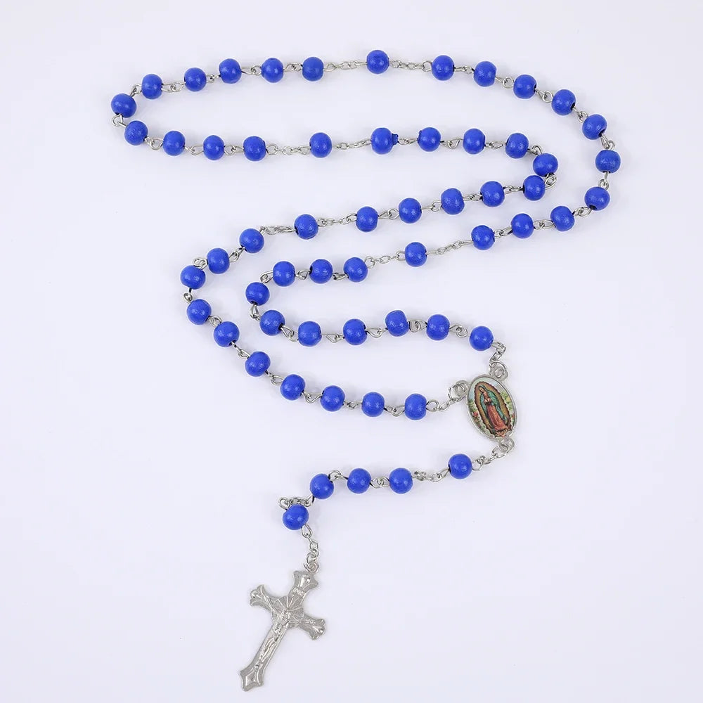 Colar de Rosário de Madeira para Mulheres e Homens, Pingente Religioso Virgem Maria Cruz, Cadeia de Contas Longas, Oração Católica, Jóias Festas, 6mm