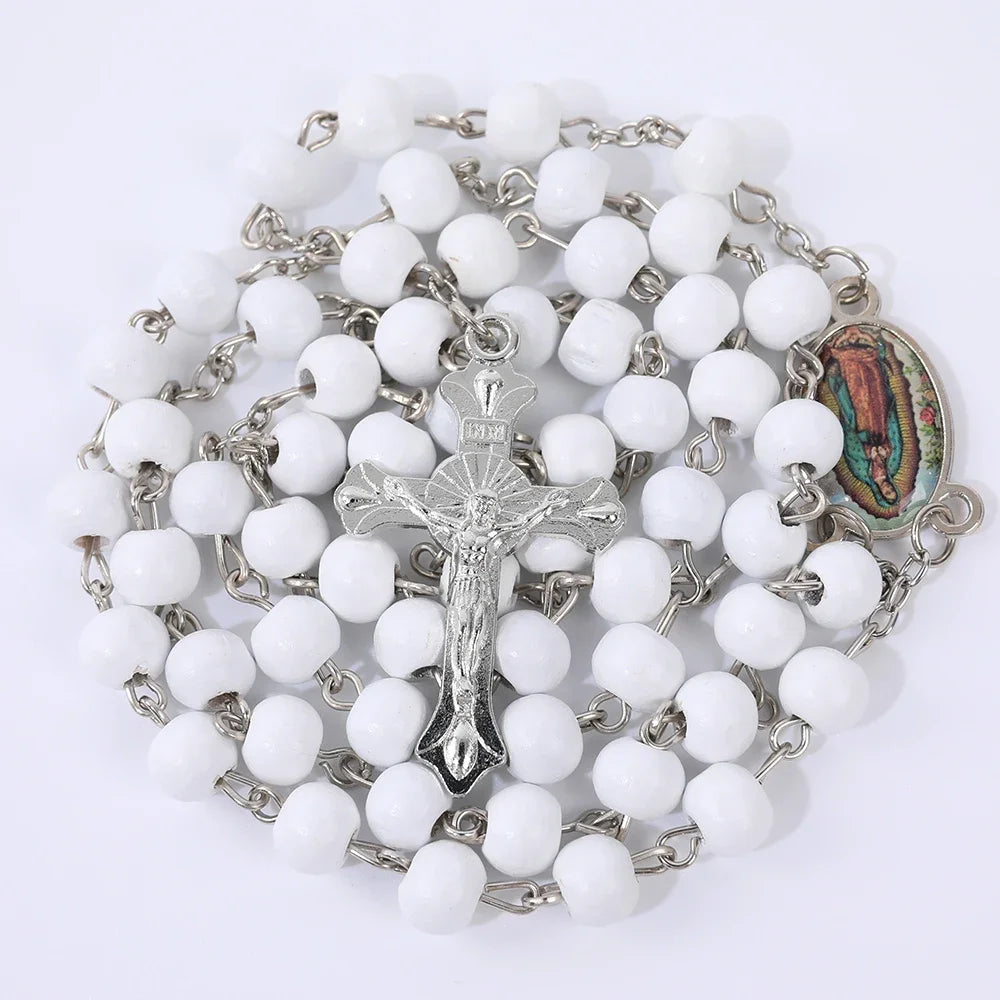 Colar de Rosário de Madeira para Mulheres e Homens, Pingente Religioso Virgem Maria Cruz, Cadeia de Contas Longas, Oração Católica, Jóias Festas, 6mm