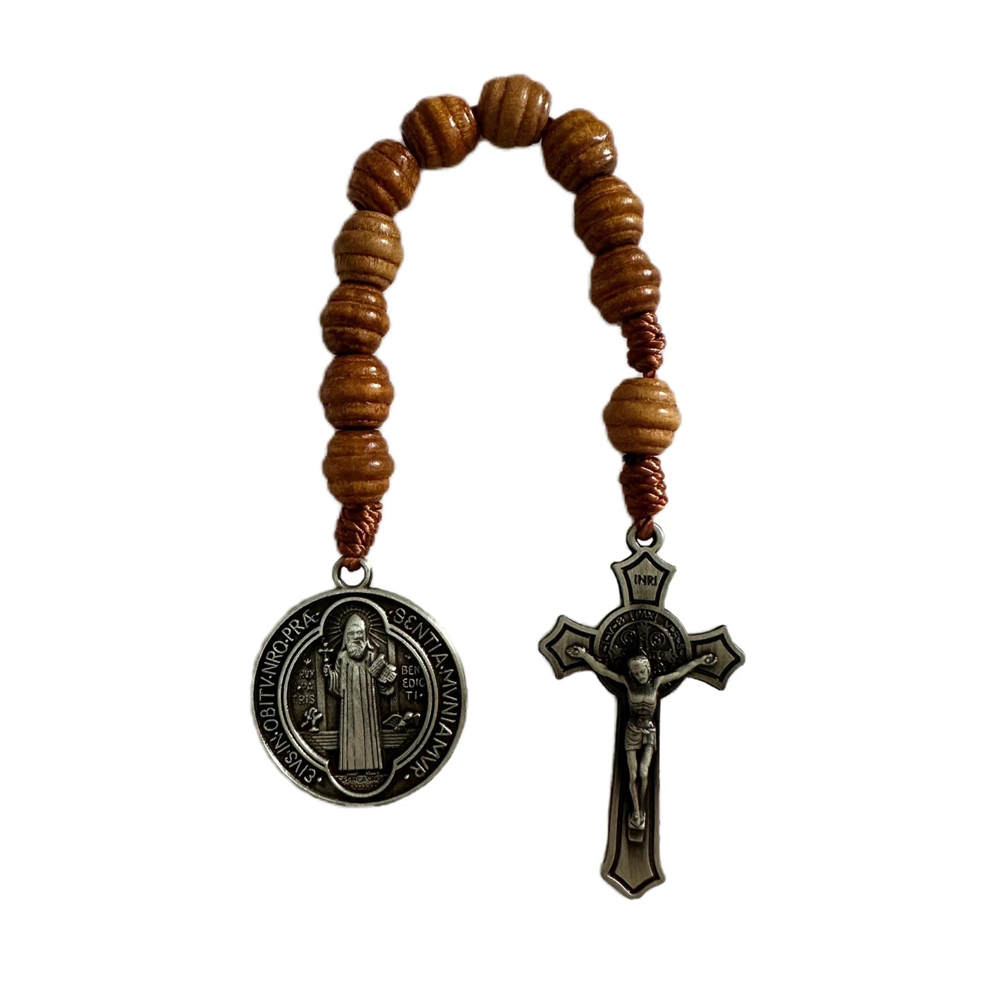 Dezena com Contas de Madeira com Medalha de São Bento e Crucifixo