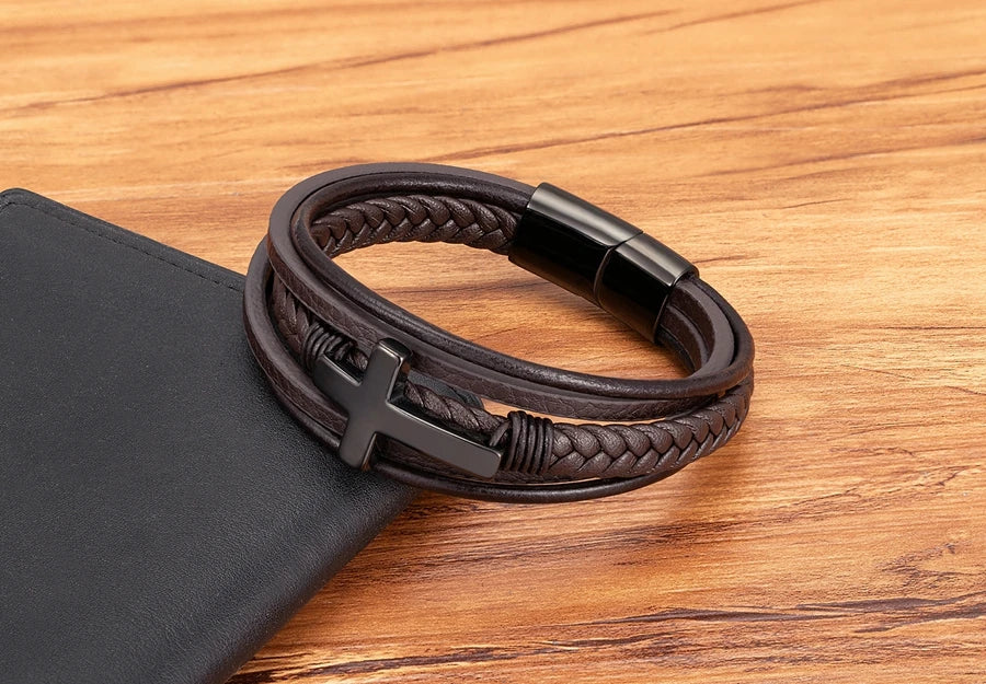 Pulseira Masculina de Couro com Cruz Sagrado Estilo