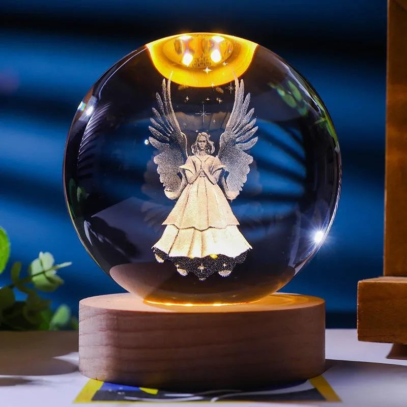 Luminária de Cristal 3D com Base de Madeira LED