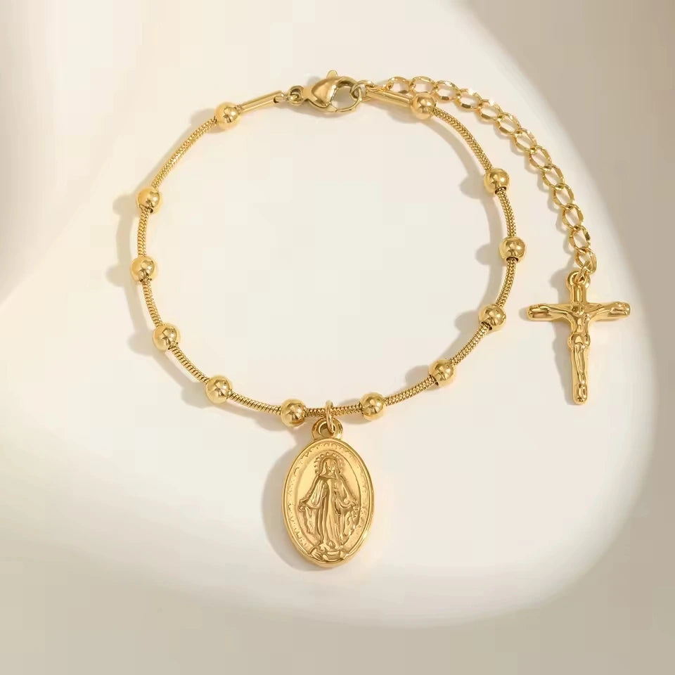Pulseira Rosário Banhada a Ouro com Cruz e Medalha Milagrosa