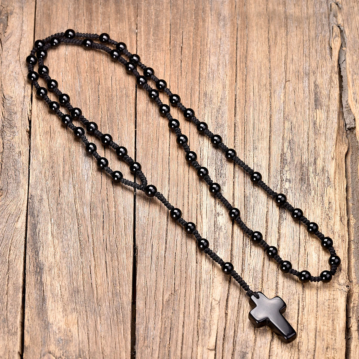 Conjunto Terço e Pulseira de Ágata Negra com Pingente de Cruz
