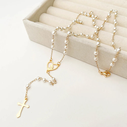 Aço inoxidável Y Forma Beads Cadeia para Mulheres, Cor do Ouro, Virgem Maria, Cruz, Rosário, Colar Longo, Jóias das Meninas, Spiriti Pray
