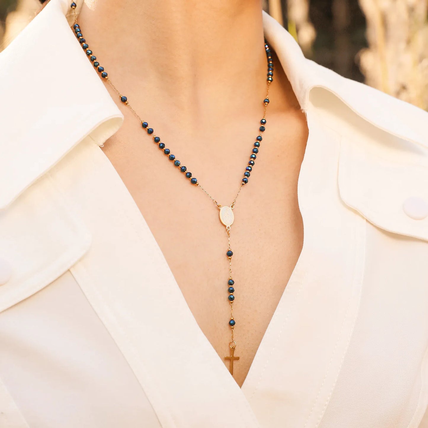 Colar Terço Nossa Senhora das Graças com Pingente de Cruz Banhado a Ouro