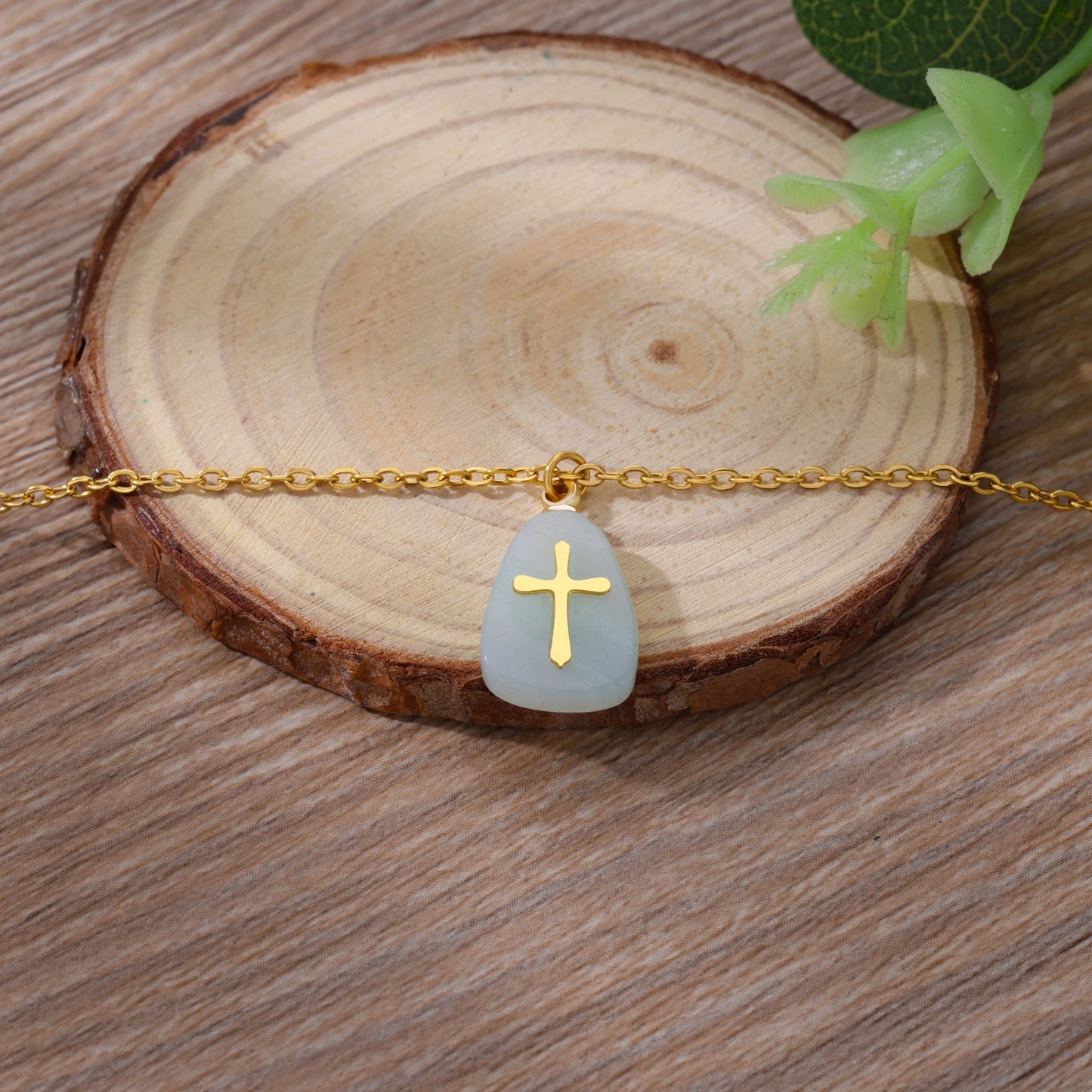 Colar Cruz de Pedra Natural em Aço Inoxidável