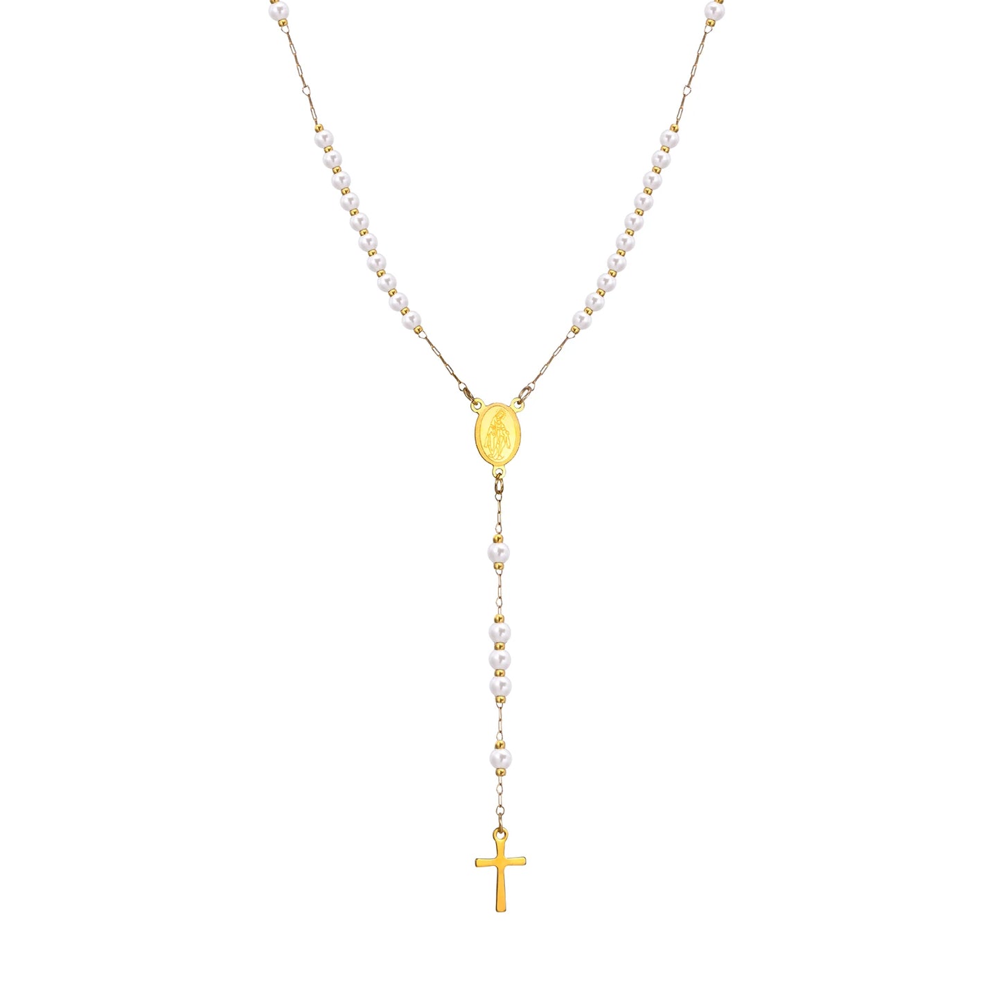Colar Terço Nossa Senhora das Graças com Pingente de Cruz Banhado a Ouro