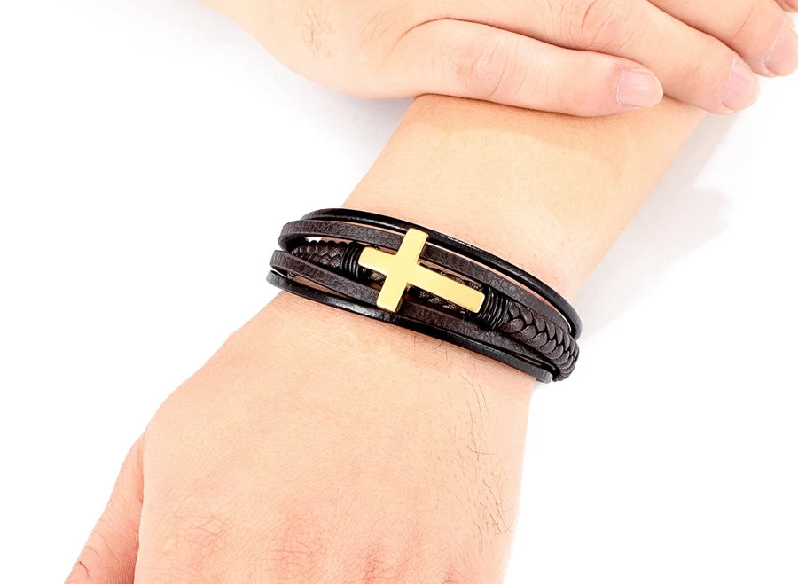Pulseira Masculina de Couro com Cruz Sagrado Estilo