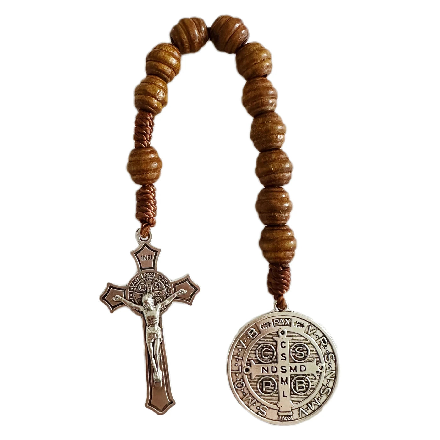 Dezena com Contas de Madeira com Medalha de São Bento e Crucifixo
