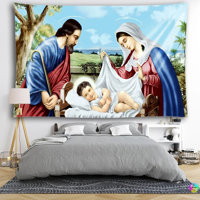 Santa família tapeçarias decoração de parede natal abençoar crianças crentes cristãos sábios pendurado na parede páscoa cristo decoração para casa