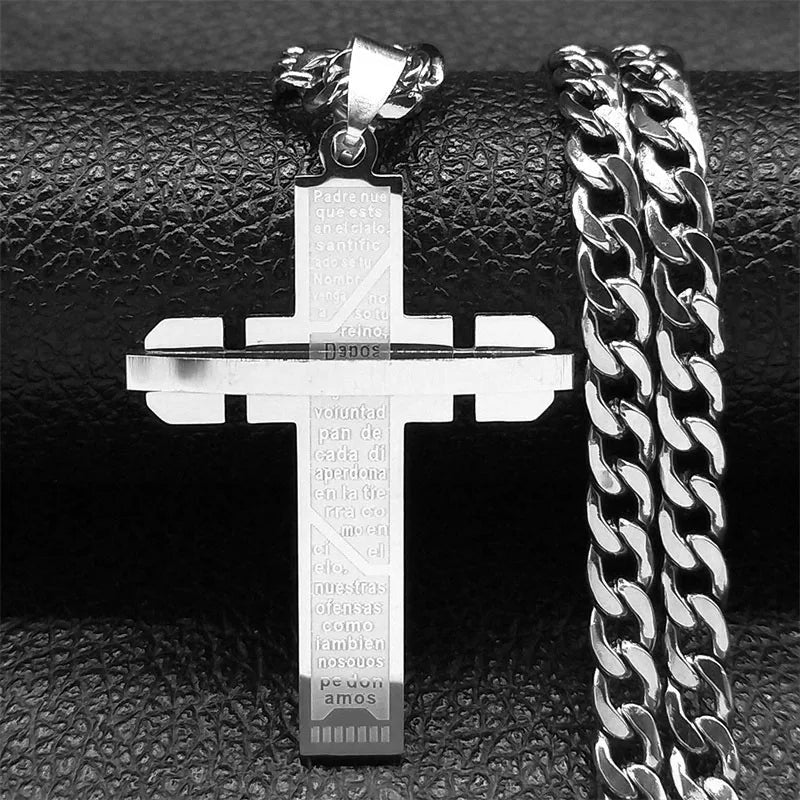Colar cruzado longo para homens e mulheres, colares cristãos banhados a ouro, joias motociclistas, aço inoxidável masculino, N2341S03