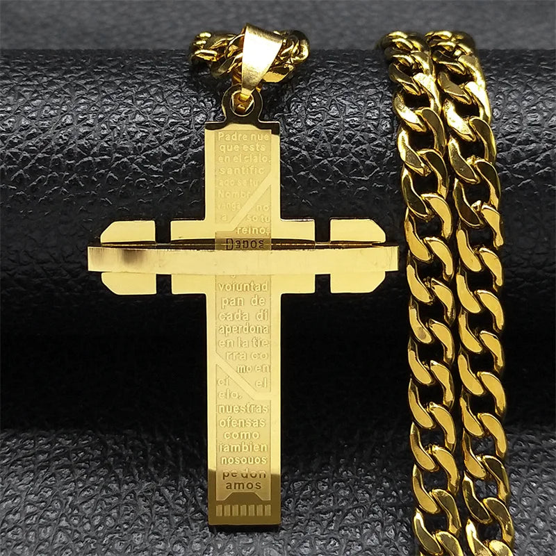 Colar cruzado longo para homens e mulheres, colares cristãos banhados a ouro, joias motociclistas, aço inoxidável masculino, N2341S03