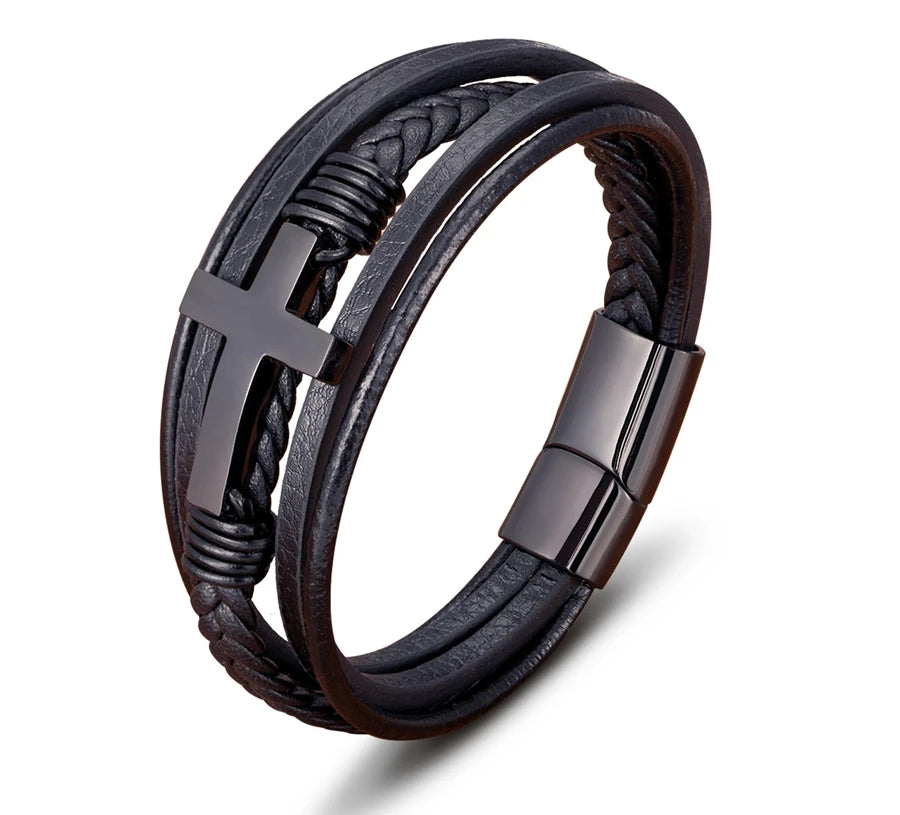 Pulseira Masculina de Couro com Cruz Sagrado Estilo