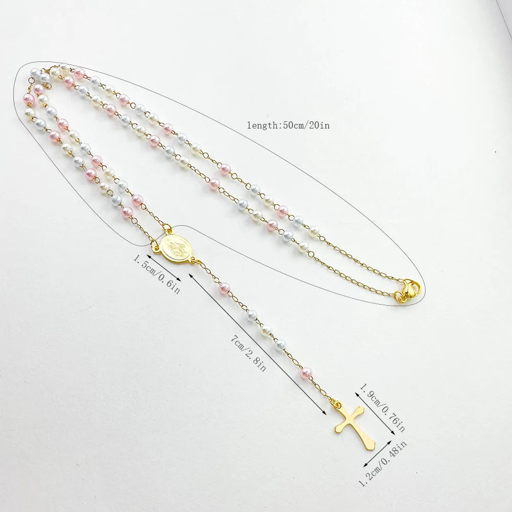 Aço inoxidável Y Forma Beads Cadeia para Mulheres, Cor do Ouro, Virgem Maria, Cruz, Rosário, Colar Longo, Jóias das Meninas, Spiriti Pray