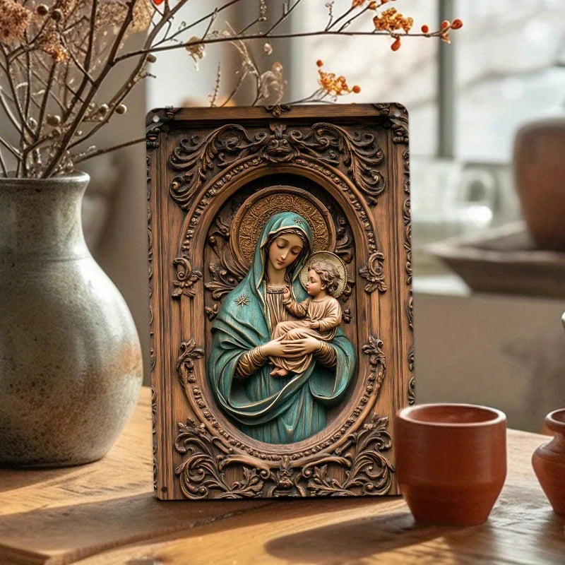 Placa Decorativa de Maria e Jesus com Acabamento Texturizado Premium