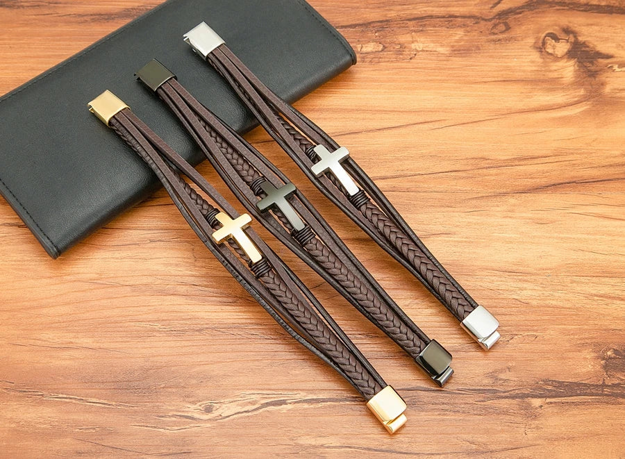 Pulseira Masculina de Couro com Cruz Sagrado Estilo