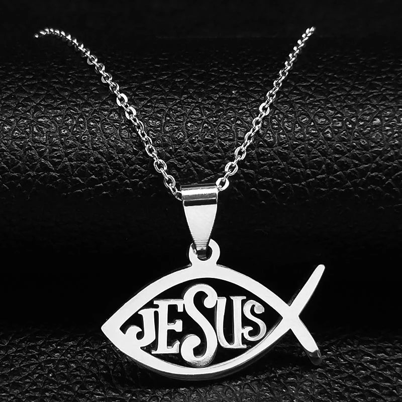 Peixe jesus colar de aço inoxidável ichthys cristão colares pingentes jóias joyas de acero inoxidável para mujer n1487