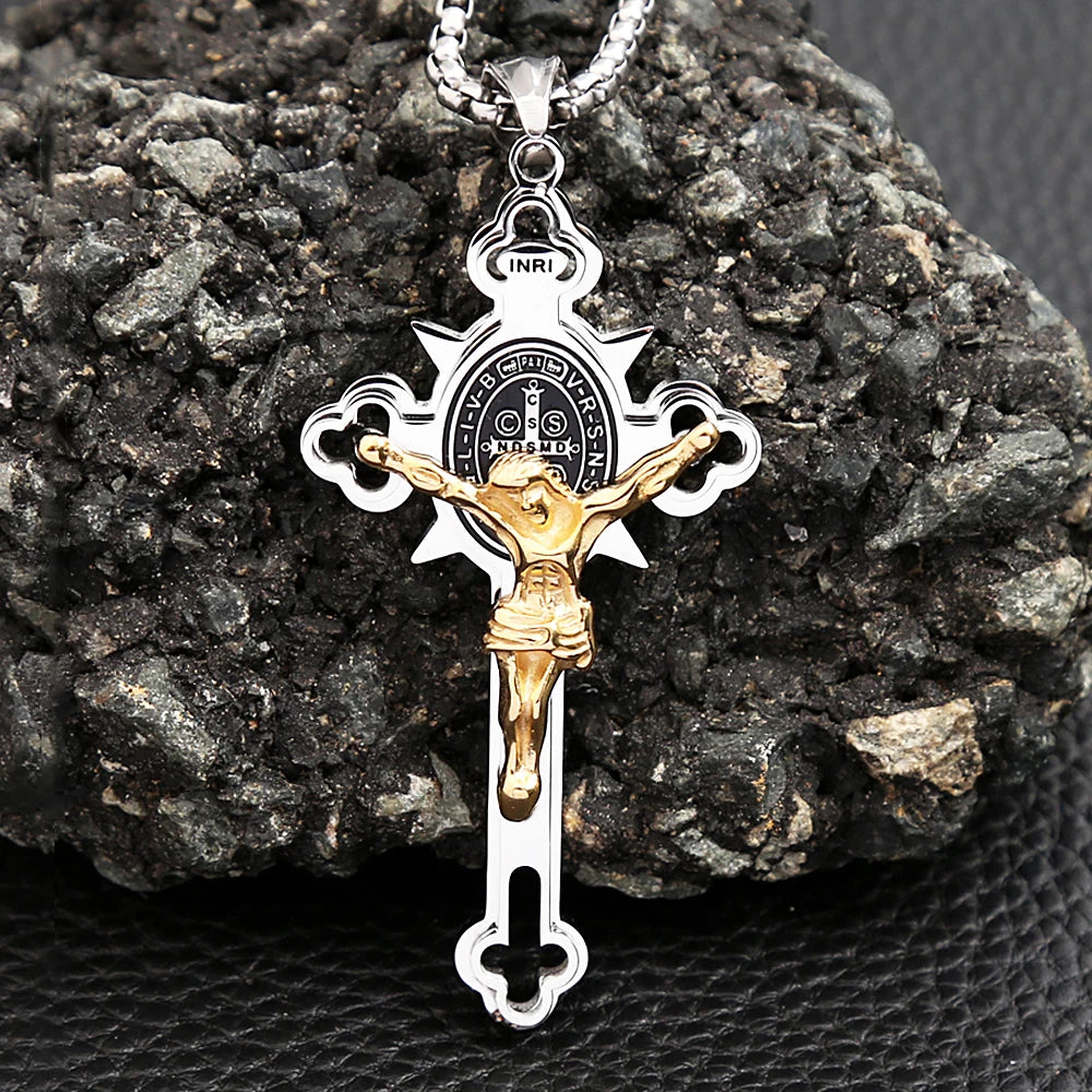 Colar Masculino com Cruz de São Bento em Aço Inoxidável 316L