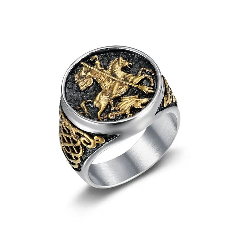 Anel Masculino São Jorge em Aço Inoxidável 316L Prata e Dourado