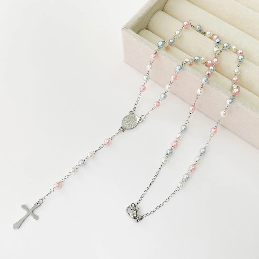 Aço inoxidável Y Forma Beads Cadeia para Mulheres, Cor do Ouro, Virgem Maria, Cruz, Rosário, Colar Longo, Jóias das Meninas, Spiriti Pray