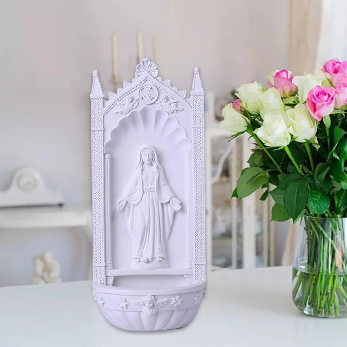 Pia Porta Água Benta de Resina da Virgem Maria