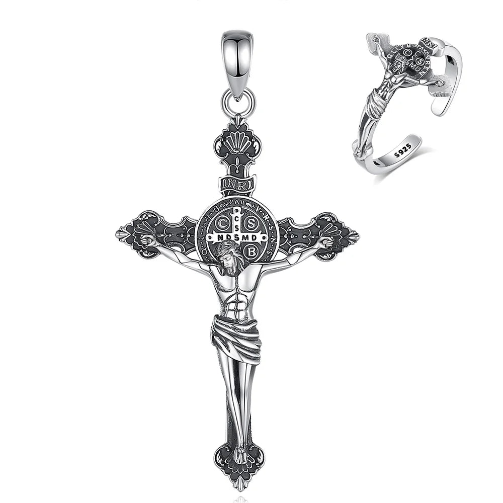 Conjunto Anel e Colar Cruz de São Bento em Prata 925