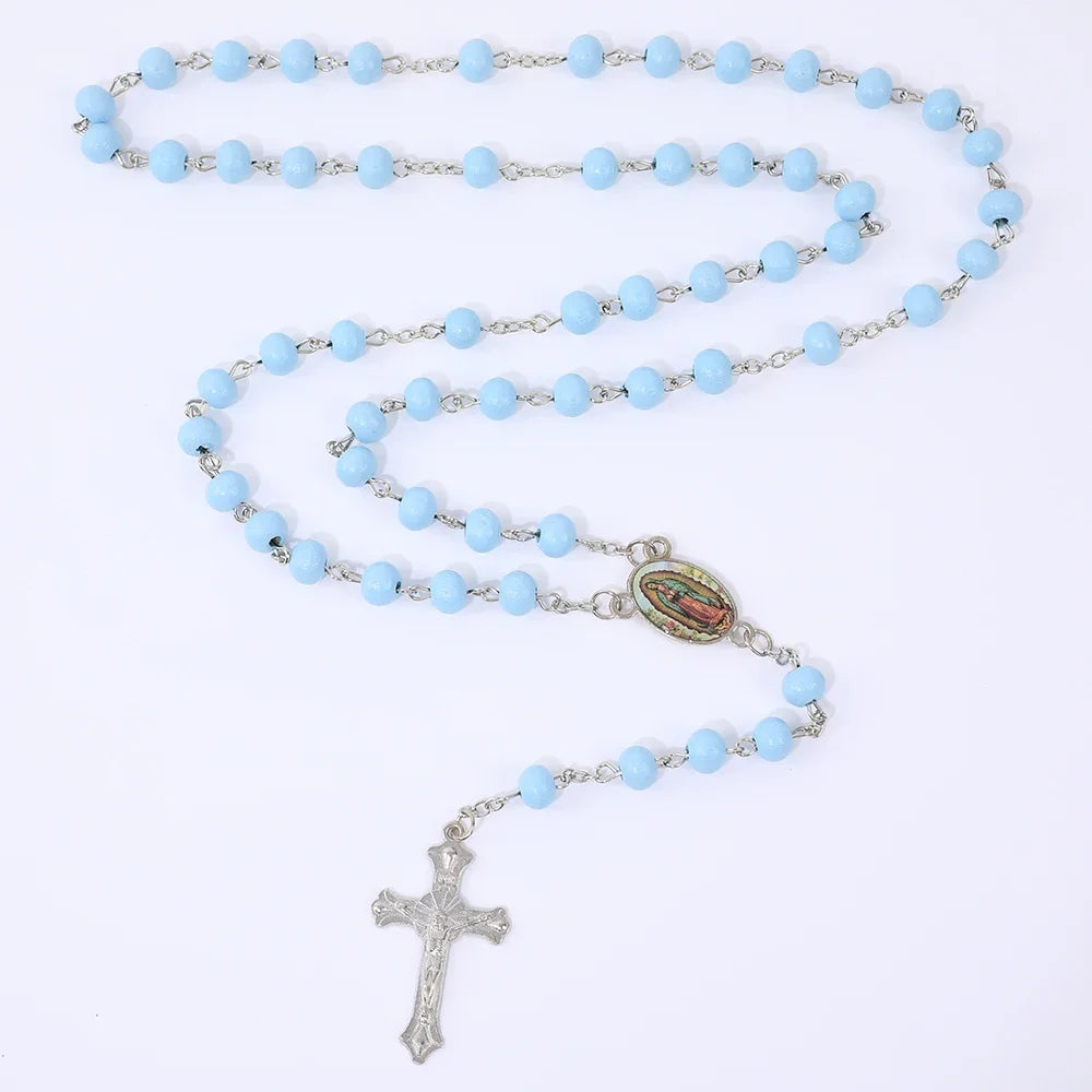 Colar de Rosário de Madeira para Mulheres e Homens, Pingente Religioso Virgem Maria Cruz, Cadeia de Contas Longas, Oração Católica, Jóias Festas, 6mm