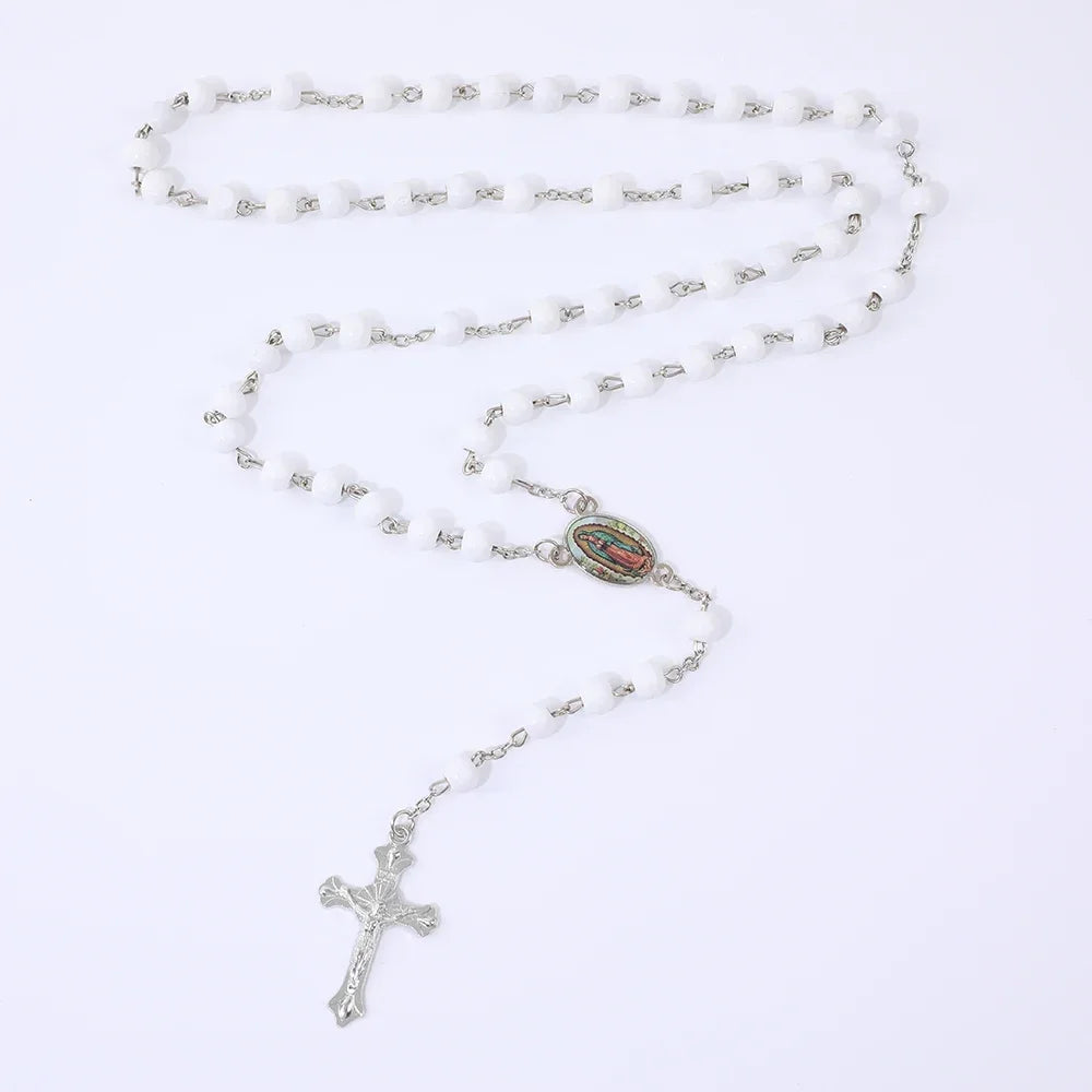 Colar de Rosário de Madeira para Mulheres e Homens, Pingente Religioso Virgem Maria Cruz, Cadeia de Contas Longas, Oração Católica, Jóias Festas, 6mm