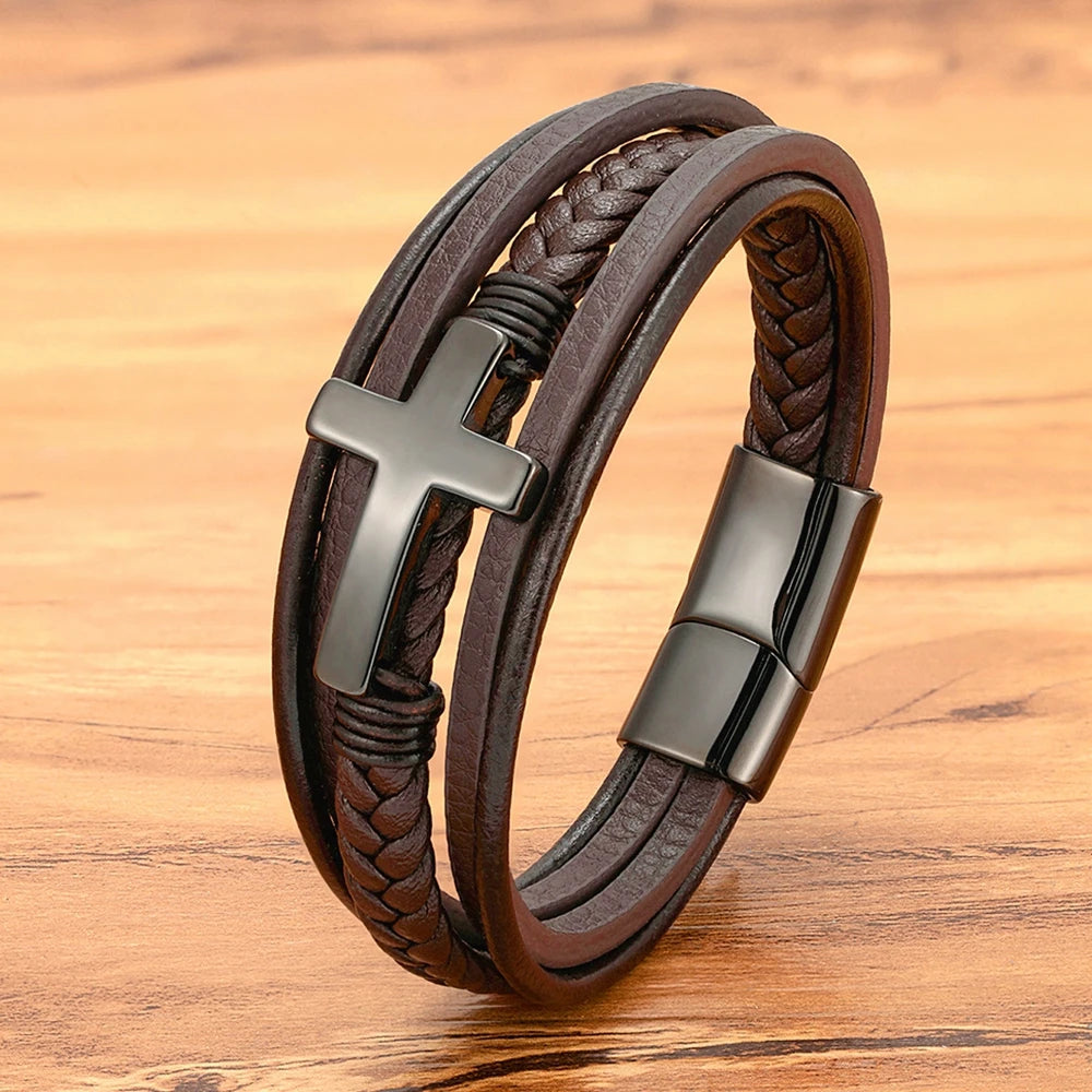 Pulseira Masculina de Couro com Cruz Sagrado Estilo